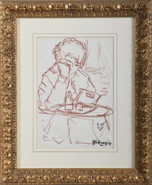 Achille Sdruscia (1910-1993), Figura con bottiglia, pennarello su carta, cm 33x23, (segni di usura, ondulazioni della carta, tracce di piegatura)