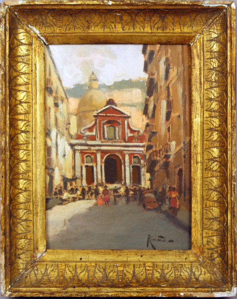 Strada con chiesa e figure, olio su cartone, cm. 20x14, firmato Ricciardi, entro cornice.