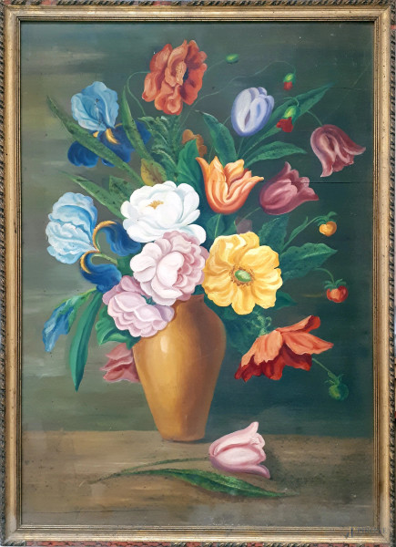 Artista del Novecento, Vaso con fiori, 1949, olio su legno, cm 70x49, con cornice