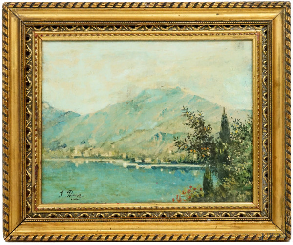 Paesaggio lacustre,  olio su tela applicata su tavoletta, cm 21x27, firmato, entro cornice.