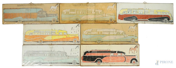 Sette disegni a matita e pastello su carta raffiguranti autovetture d'epoca, cm 19x60, siglati e firmati, (lievi difetti).