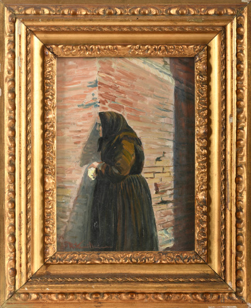 Mentre passa la processione, olio su cartone pressato, cm 26x19 entro cornice, firmato in basso a sinistra (difetti)