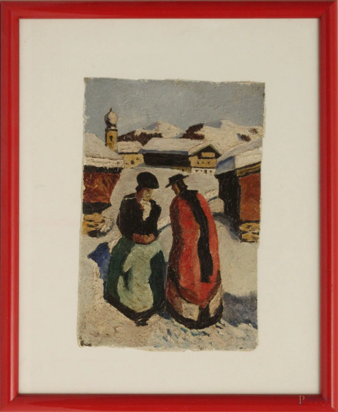 Paesaggio invernale con figure, olio su cartone cm, 21x14, entro cornice.