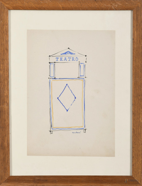 Teatro, XX secolo, tecnica mista su carta, cm 29,5x20,5, firmato in basso, entro cornice, (segni di usura, difetti)