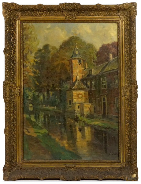 Paesaggio con canale e campanile, olio su tela, cm 81x61, firmato, entro cornice