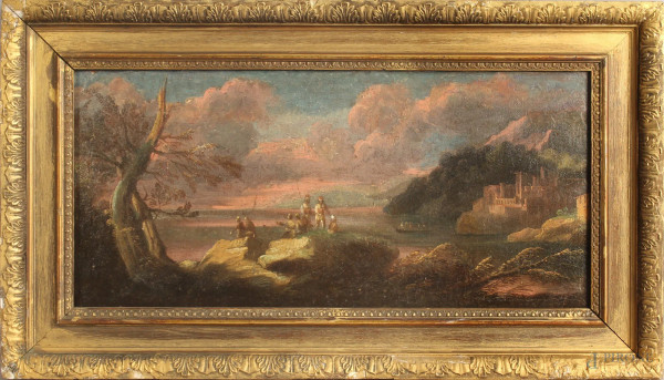 Pittore del XVIII sec, Paesaggio con soldati, olio su tela, cm. 28x60, entro cornice.