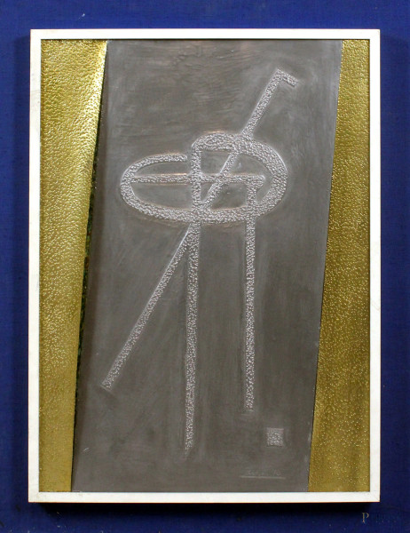 Quadro astratto, in lamina di metallo argentato e dorato, parti incise e sbalzate, cm. 69x49, firmato, entro cornice, (difetti).