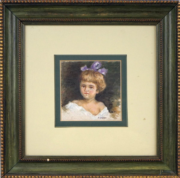 Ritratto di bambina, olio su tela, cm 13x13, firmato, entro cornice.