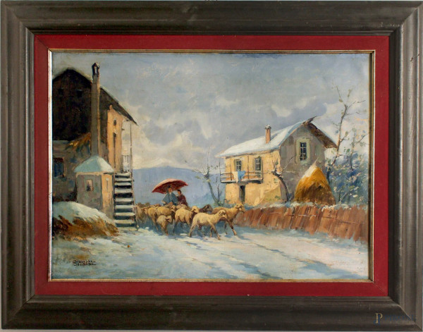 Paesaggio invernale con pastore e gregge, olio su tela, cm. 50x70, firmato, entro cornice.