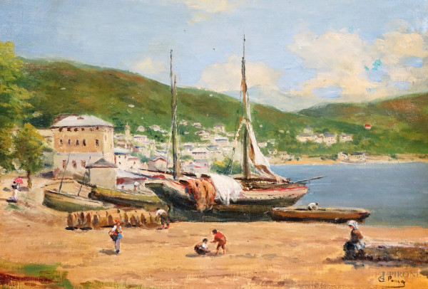 Veduta lacustre con imbarcazioni, olio su tela, cm 35x50, firmato Silvio Poma, entro cornice