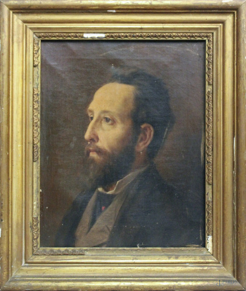 Ritratto di gentiluomo, dipinto dell&#39;Ottocento, ad olio su tela, cm 34 x 27, entro cornice.