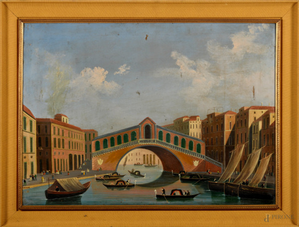 Veduta di Venezia, olio su tela, XX secolo, cm 64x89 entro cornice, (difetti)