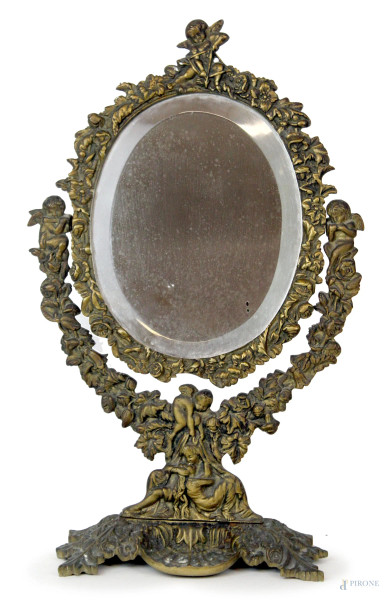 Specchio da tavolo in bronzo cesellato, XX secolo, altezza cm 40