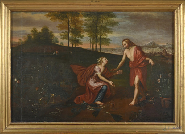 Noli me tangere, XVIII secolo, olio su tela, cm 80x120, entro cornice, (Segni di piegatura della tela)