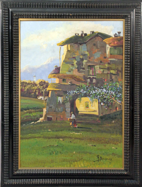 Giuseppe  Pessina - Paesaggio con case e figura, olio su tela, cm. 100x70x, entro cornice.