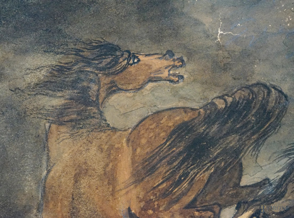 Combattimento tra cavalli, tecnica mista su carta applicata su tela, datato in basso a destra "Ma...