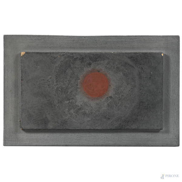 Guido Strazza (1922), Aura centro rosso, tecnica mista su faesite, firmato e datato "94" al retro, cm 26,5x41 (difetti, cadute di colore, segni di usura)