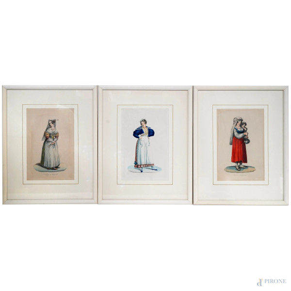 Lotto composto da 15 stampe a colori raffiguranti donne in costumi tradizionali laziali, incise d...