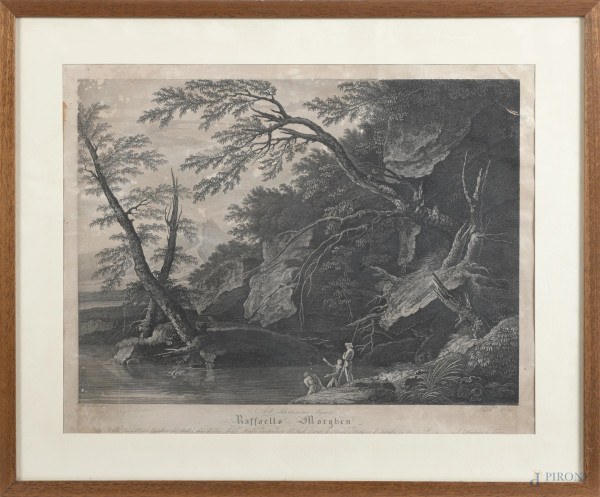 Coppia di stampe da Salvator Rosa e Poussin, XIX-XX secolo, cm 55x67 compreso passepartout, entro cornice, (foxing, gore, tracce di piegature, ondulazioni, lacerazioni)