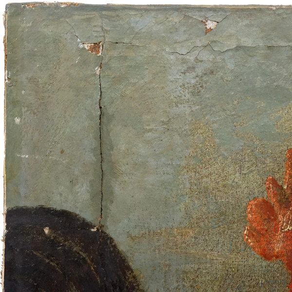 Scuola italiana del XVIII secolo, Galli e pulcini, olio su tela, cm 81,5x63 (difetti)