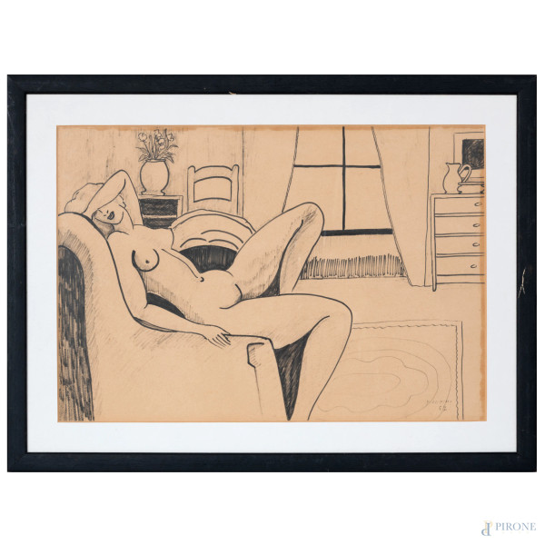 Nudo di donna, tecnica mista su carta, cm 32x49, firmato, entro cornice, firmato e datato in basso "57", (segni di umidità, foxing)
