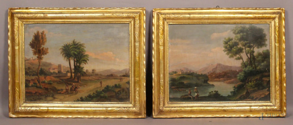 Coppia di paesaggi con figure, olio su tavola 46x58 cm, XIX sec, entro cornice.