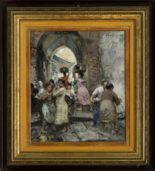 White Valentino, Vicolo di Capri, dipinto ad olio su cartone, cm 48 x 41, entro cornice.