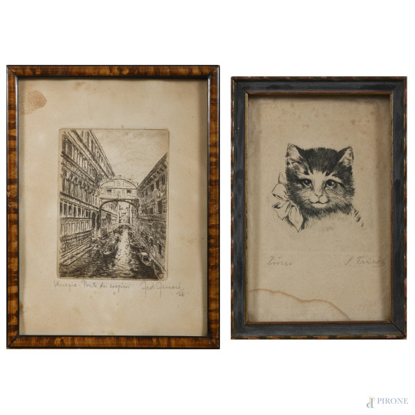 Lotto di due piccole incisioni raffiguranti Venezia e un gatto, XX secolo, misure massime cm 23x17, entro cornice, (segni di usura, tracce di umidità, difetti)