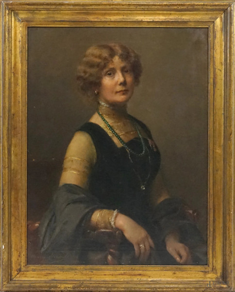 Henry Paul  Perrault - Ritratto di donna, olio su tela, cm 78,5x59, (lievi difetti)
