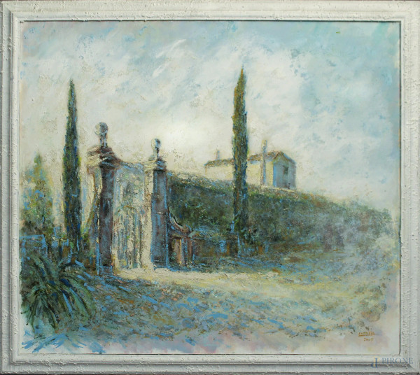 Guglielmo Corazza, Casale Benedetti, dipinto ad olio su tela, cm 70 x 80, entro cornice.