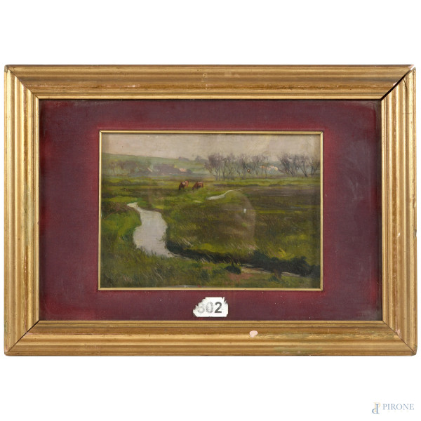 Paesaggio fluviale, XX secolo, olio su tela, cm 18x25, entro cornice