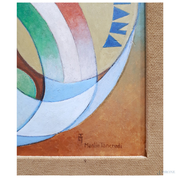 Manlio Tancredi (XX sec.), Potenza italiana, aeropittura ad olio su tavola, cm 23x20, firmato in ...