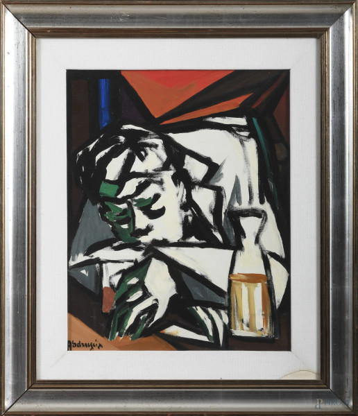 Achille Sdruscia (1910-1993), Figura con bottiglia, olio su tela, cm 50x40, firmato in basso a sinistra, entro cornice, (rottura del vetro)