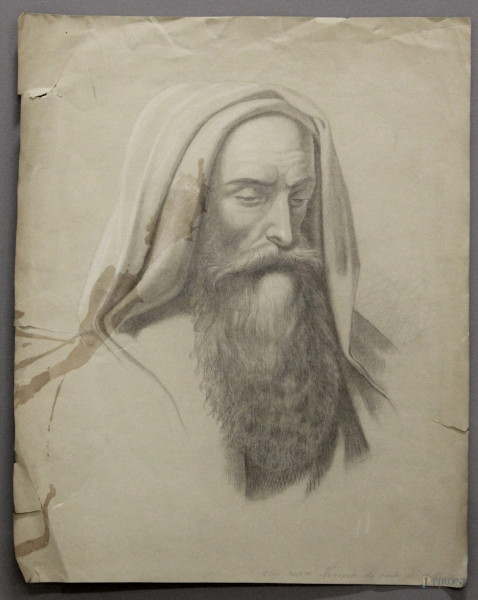 Ritratto d'uomo con barba, tecnica mista su carta, 45x36 cm.