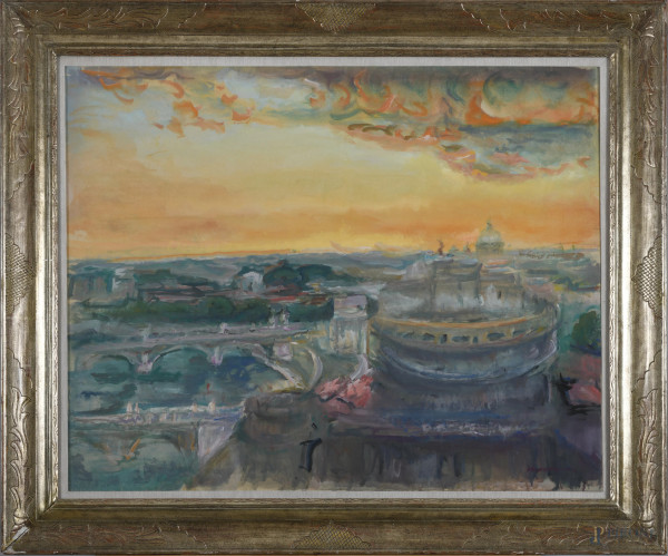 Alfonso Avanessian (1932-2009), Veduta di Roma, tecnica mista su carta applicata su tela, cm 80x100, firmato in basso a destra, entro cornice, (piccole cadute di colore e increspature della carta)