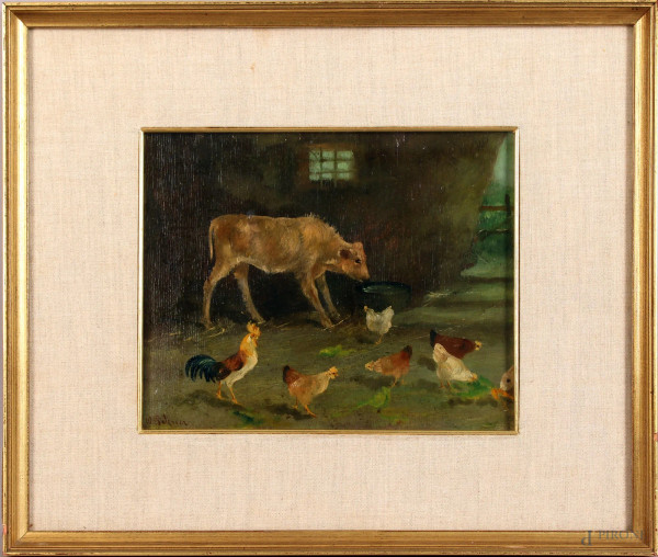 D.  Pelisier - Interno di stalla, olio su tavola, cm. 24x30, entro cornice.