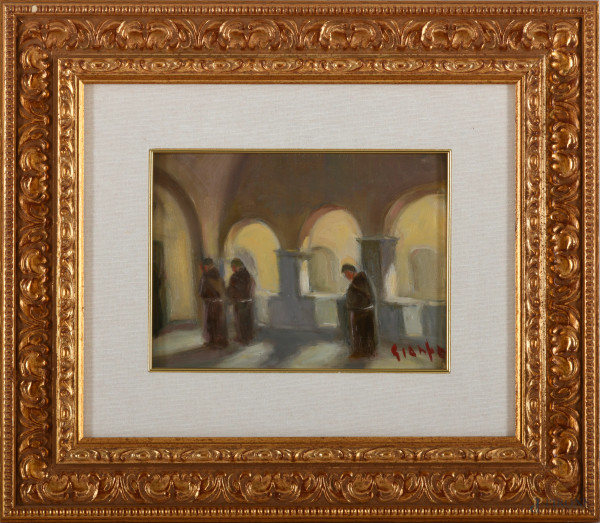 Ortensio Gianfra - La messa, olio su tela applicata su cartoncino, cm 18x24, firmato in basso a destra e al retro
