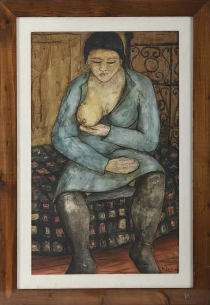 Norberto Proietti (Spello, 1927 – Spello, 2009),Maternità, olio su tavola, cm  71x42,5 entro cornice
