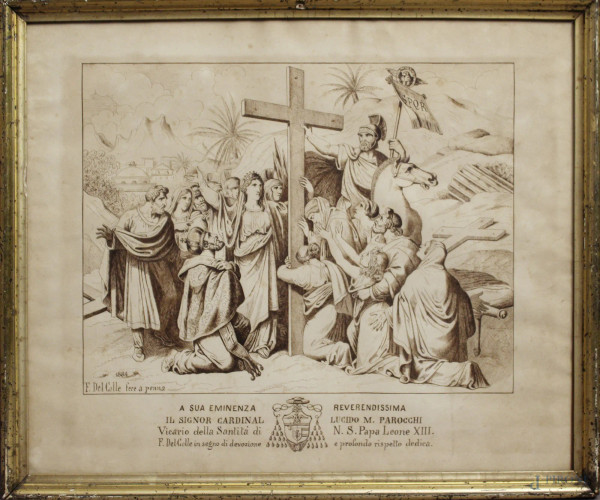Santa Croce, disegno a penna su carta, cm 36 x 44, firmato e datato 1884, entro cornice.