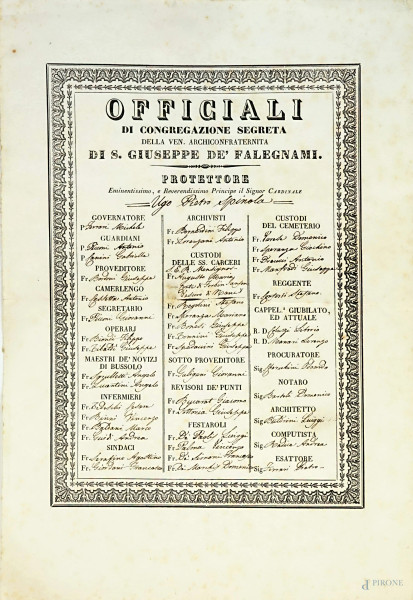 Officiali di Congregazione segreta di S.Giuseppe de Falegnami, cm 40x27,5, (difetti)