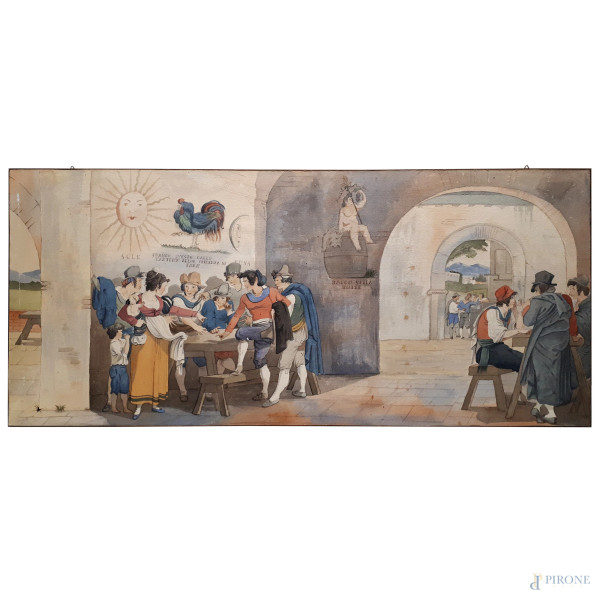 Alla maniera di Bartolomeo Pinelli,  Acquarello su carta applicata su tavola raffigurante scena di osteria, XX sec., cm 66x152, firmato