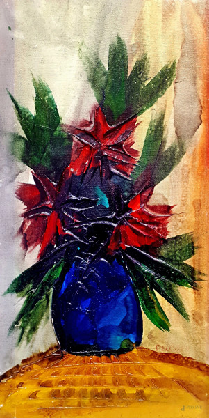 Artista d’avanguardia degli anni '70, Vaso con fiori, smalti a rilievo su tela, cm 60x32, firmato