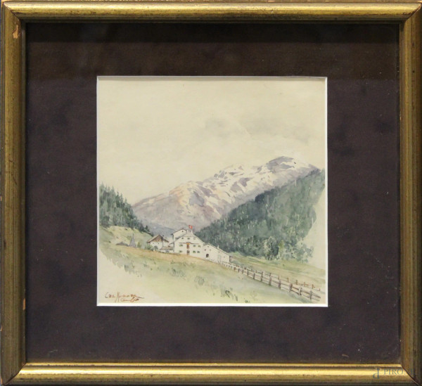 Sulle alpi svizzere, acquarello su carta 18x16 cm, firmato entro cornice.