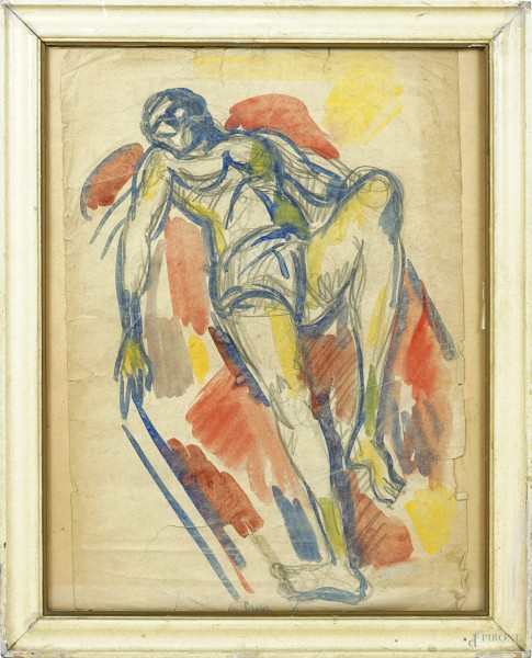 Figura distesa, tecnica mista su carta, sec. XX, cm 50x39, entro cornice