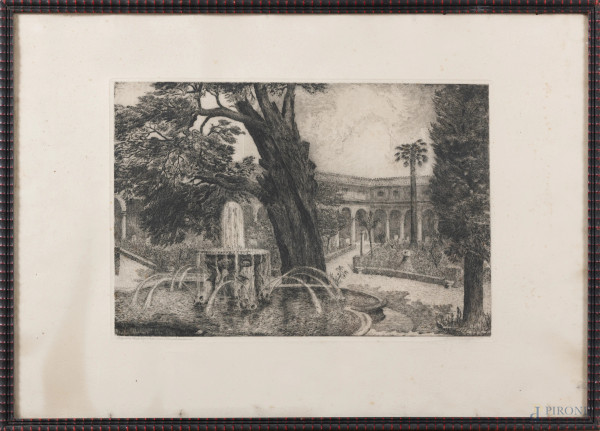 Guido Caraffa (1888-1972), Il cipresso michelangiolesco presso le Terme di Diocleziano, XX secolo, incisione su carta, cm  50x70, entro cornice, firmata in basso a sinistra, (segni di usura, foxing, gore, tracce di umidità)
