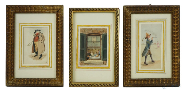 Lotto composto da tre acquarelli raffiguranti personaggi, misure max cm  14x6,5, XX secolo, entro cornici