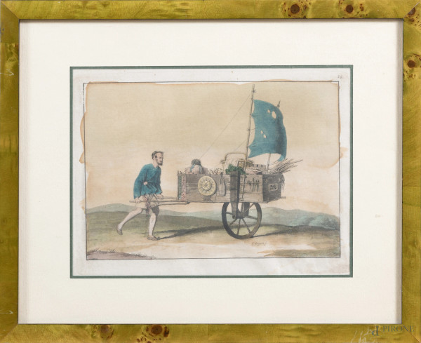 Il mercante, stampa su carta, XIX-XX secolo, cm 23x29, compreso passepartout, entro cornice, (segni di usura, tracce di umidità, ondulazioni della carta, difetti)