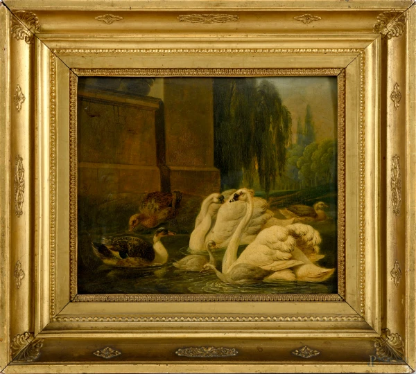 Gottfried Menken (attr.) Cigni, olio su tavola, cm 27,5x32, entro cornice, siglato a sinistra