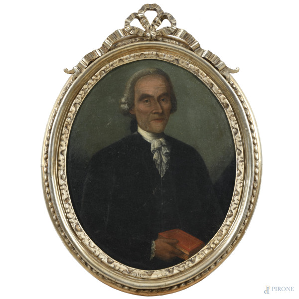 Ritratto di notaio, XVIII-XIX, olio su tela a serto ovale, cm 75x61, entro cornice, (craquelure, segni di usura, abrasioni, segno di battitura del telaio)