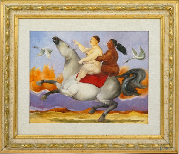 Pino Procopio - A cavallo, olio su tavola, cm 40,5x50, entro cornice.